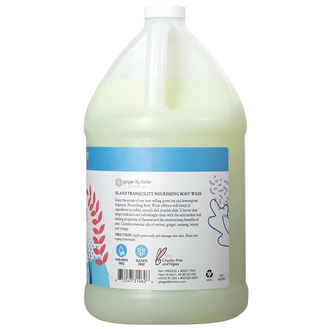 Ginger Lily Farms Botanicals Nourishing Body Wash, Island Tranquility, 100% Vegan & Cruelty-Free, Green Tea Lemongrass Scent, 1 Gallon Refill (Pack of 4)