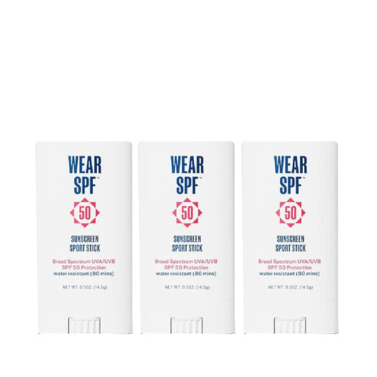 50 Sunscreen Sport Stick with Broad Spectrum SPF 50 UVA/UVB Protection, Sweat- & Water-Resistant Portable Hands-Free Stick for Face & Body, 3-pack