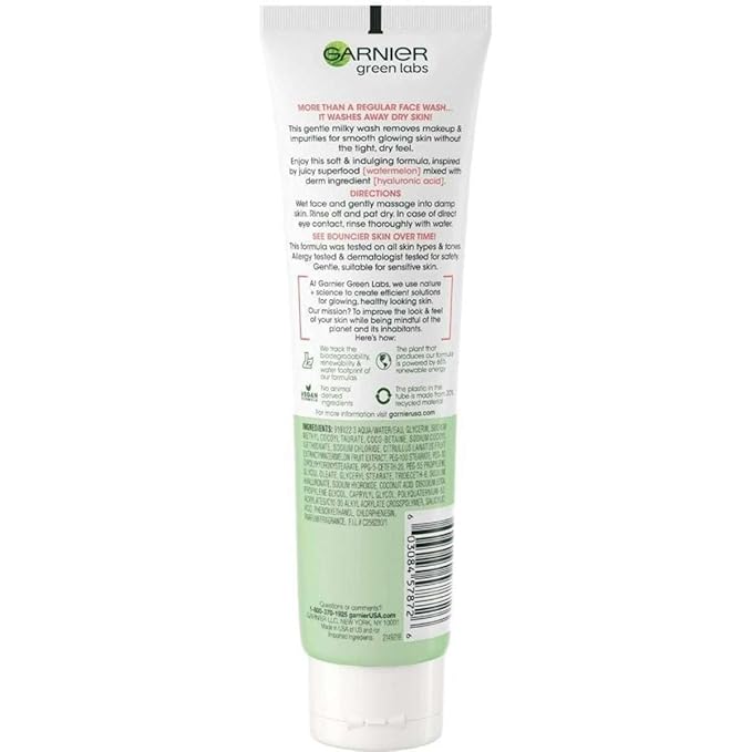 Garnier SkinActive Green Labs Hyalu-Melon Smoothing Milky Washable Cleanser with Hyaluronic Acid + Watermelon for Dehydrated Skin, Fine Lines, (Packaging May Vary), 4.4 FL Oz