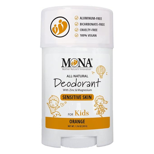 MONA BRANDS 100% Natural Kids Deodrant for Boys and Girls | Safe Deodorant for Kids | No Baking Soda, Aluminum or Synthetic Scents | Hypoallergenic (ORANGE 1.76 Oz)