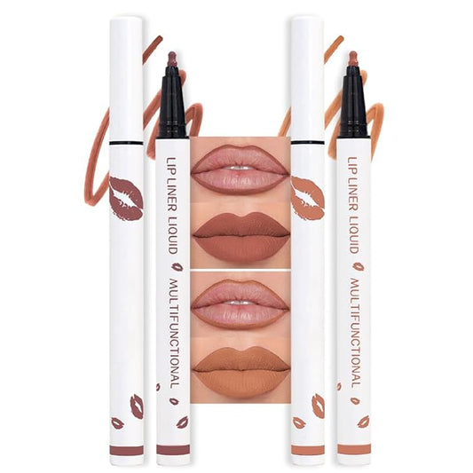 2Pcs Longwear Liquid Lip Liner Stain Marker Pen Set Long Lasting Waterproof, Mocha Nude Brown Matte Semi Permanent 24 Hour Lip Liner and Lipstick Combo, Color Stay Lipliner All Day Lips Stain peel off