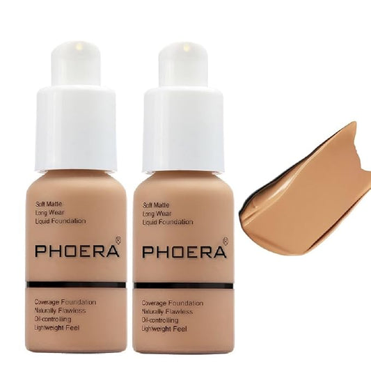 2 Pack PHOERA Foundation, Long-Lasting Waterproof Oil Full Foundation.105 San