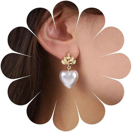 Vintage Pearl Heart Dangle Earrings Heart Pearl Drop Earrings Gold Leaf Stud Earrings Heart Love Earrings Jewelry for Women