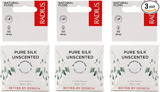 RADIUS Dental Floss, Natural Floss, Unscented Silk, 33 Yards, Compostable & Non-Toxic Oral Care Designed to Help Fight Plaque, Pack of 3