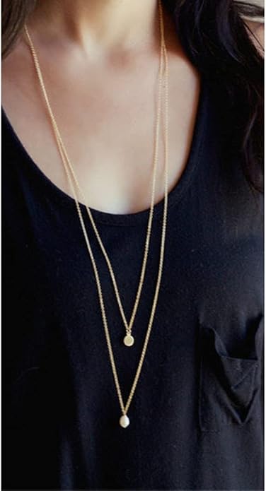 Long Layered Necklace Delicate Coin Pearl Pendant Necklace Gold Chain Jewelry for Women