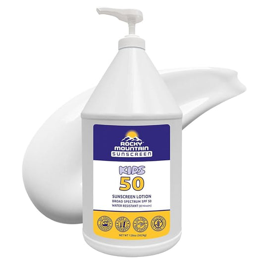 KIDS Rocky Mountain Sunscreen SPF 50 Gallon Sunscreen Lotion | Broad Spectrum UVA/UVB Protection | Hawaii 104 Reef Act Compliant (Oxybenzone & Octinoxate Free) | Water Resistant 80 Min. | (128 Fl Oz)