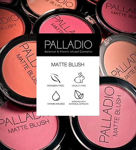 Palladio Matte Blush, Brushes onto Cheeks Smoothly, Soft Matte Look and Even Finish, Flawless Velvety Coverage, Effortless Blending Makeup, Flatters the Face, Convenient Compact, Poised
