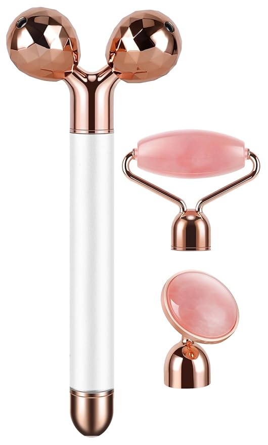3-IN-1 Electric Jade Roller 3D Roller Facial Roller & Face Massager, Rose Quartz