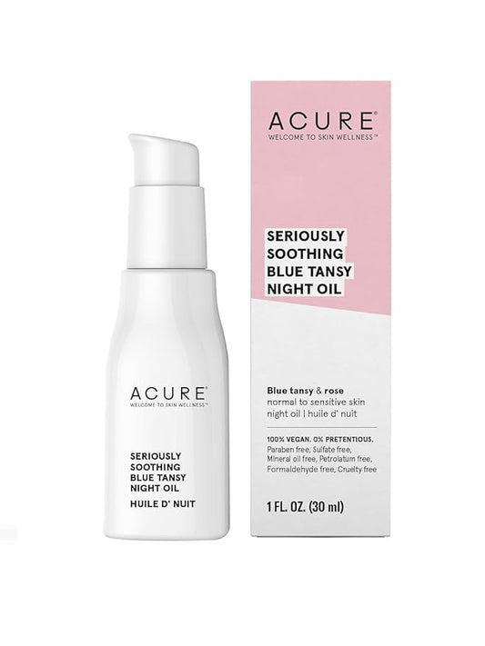 Acure Seriously Soothing Tansy Night Rose Oil - Soothes, Deep Hydrate & Moisturize Dry, Acne Prone, Sensitive Skin - Antioxidant Night Cream Serum Oil Blend with Blue Tansy & Rose - 100% Vegan, 1 oz