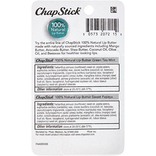 ChapStick 100% Natural Lip Butter Green Tea Mint and Sweet Papaya Lip Balm Tubes Variety Pack - 0.15 Oz Each (Pack of 2)