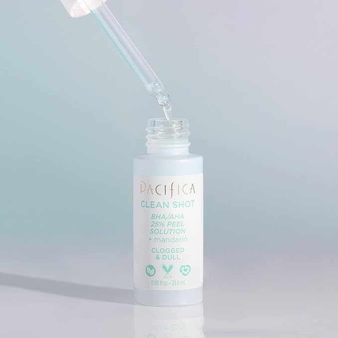 Face Serum by Pacifica - Clean Shot AHA-BHA 25% Peel Solution with Glycolic & Salicylic Acid – Exfoliating Facial Peel with Willow Bark, Turmeric & Vegan Lactic Acid, Vegan & Cruelty-Free, 0.8 oz