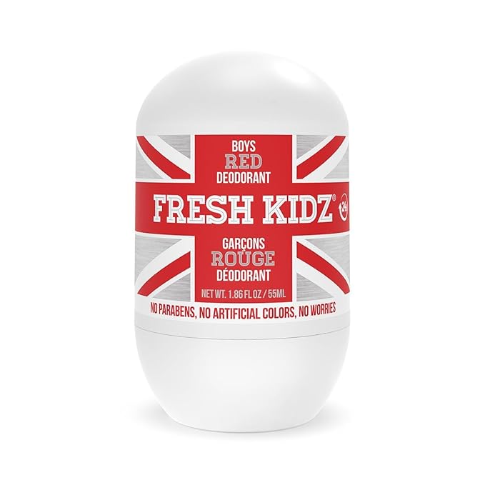Fresh Kidz Roll On Deodorant for Kids and Teens - Baking Soda and Aluminum-free 24 Hour Protection for Sensitive Skin - Boys "Red" 1.86 fl.oz.
