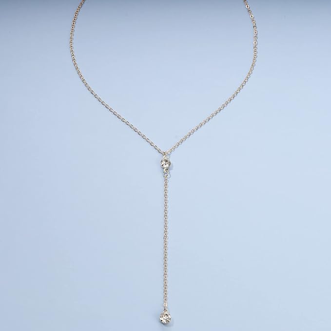 Boho Crystal Y Drop Necklace Choker Gold Long Y Necklace Chain Minimalist Cz Lariat Necklace Classic Simple Y Lariat Necklace Jewelry for Women and Girls Gifts