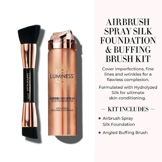 LUMINESS Silk Airbrush Spray Foundation 2-PC Kit - Foundation & Dual-Sided Angled Makeup Brush - Buildable Coverage, Anti-Aging Formula, Humidity Resistant, Hydrates & Moisturizes, Light Medium
