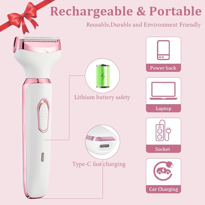4-in-1 Electric Razor for Women - Rechargeable Painless Body & Facial Hair Remover, Bikini Trimmer for Legs, Underarm & Face, Portable Women's Shaver Set with Smooth Glide Technology
