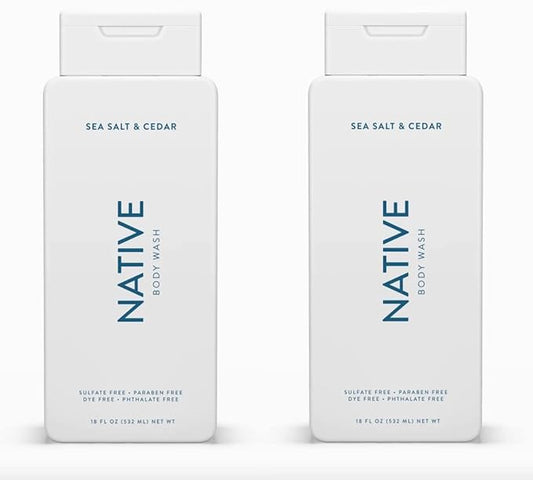 Native Body Wash Contains Naturally Derived Ingredients | For Women & Men, Sulfate, Paraben, & Dye Free Leaving Skin Soft and Hydrating | Sea Salt & Cedar 18 oz - 2 Pk