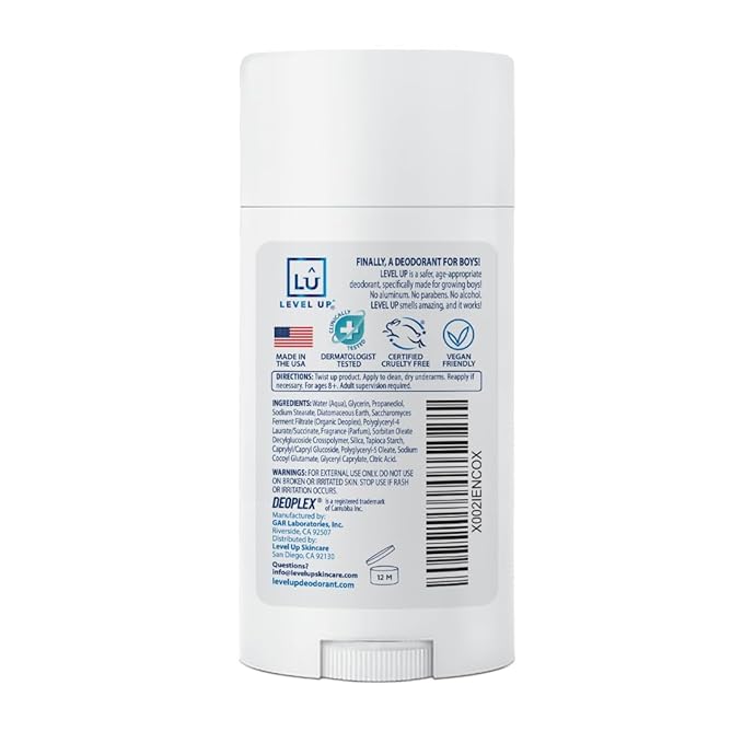 Level Up Boys Deodorant: Aluminum-Free, Alcohol-Free, Paraben-Free, 24 Hr Odor Protection, Clean Fresh Scent, Kids & Tweens, Made in the USA