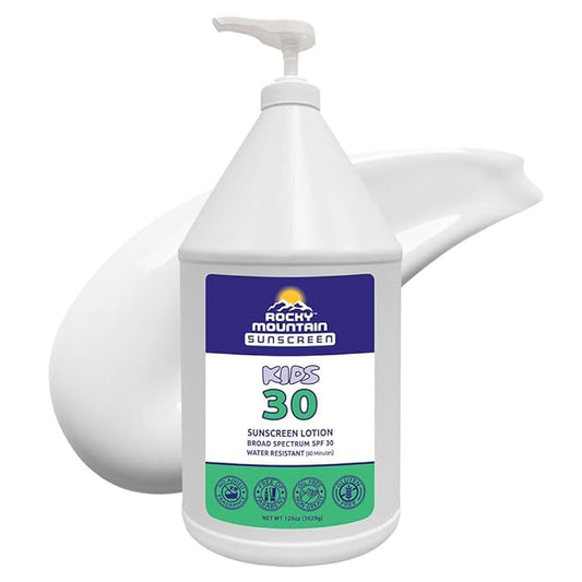 Rocky Mountain Sunscreen | KIDS SPF 30 Lotion -Broad Spectrum UVA/UVB Protection | Hawaii 104 Reef Act Compliant (Oxybenzone & Octinoxate Free) | Water Resistant 80 Min. | Gallon with Pump (128 Fl Oz)