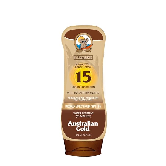Australian Gold Sunscreen Lotion with Kona Coffee Infused Bronzer SPF 15, 8 Ounce | Broad Spectrum | Water Resistant
