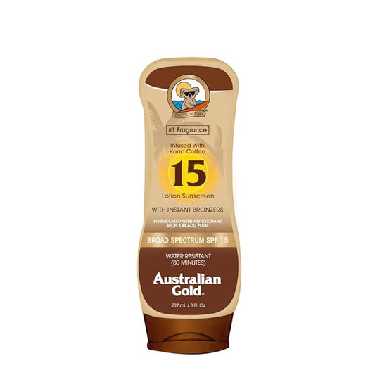 Australian Gold Sunscreen Lotion with Kona Coffee Infused Bronzer SPF 15, 8 Ounce | Broad Spectrum | Water Resistant