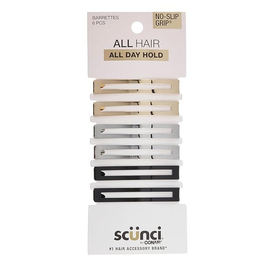 Scunci by Conair No-Slip Grip Stay Tight Barrettes - hair barrettes for women - hair accessories for women - hair clips - Gold, Black and Silver - 6 Count