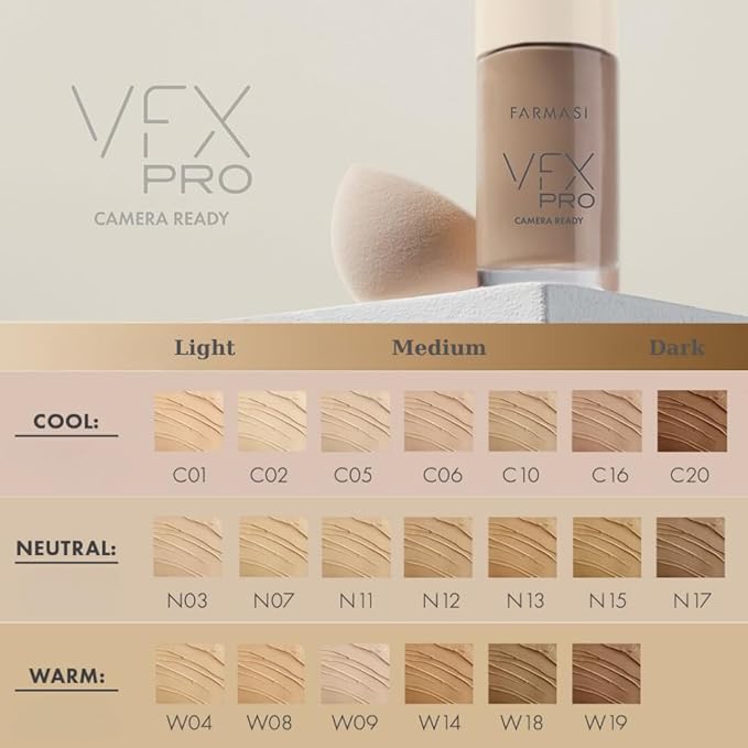 FARMASi Vfx Pro Foundation, Full Coverage Liquid Cream, Lightweight Long Lasting Coverage, Breathable Skin Moisturizer with Color True Matte Blending, Face Makeup, 1 fl. oz / 30 ml - Cool Light 02