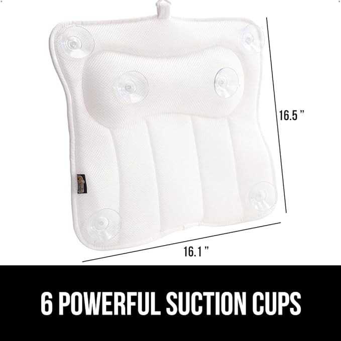 GORILLA GRIP Mesh Bath Pillow for Tub, 6 Powerful Suction Cups, Oversized Headrest with Breathable FlexComfort Technology for Neck, Head, Back Support, Luxury Machine Washable Bathtub Must Haves White