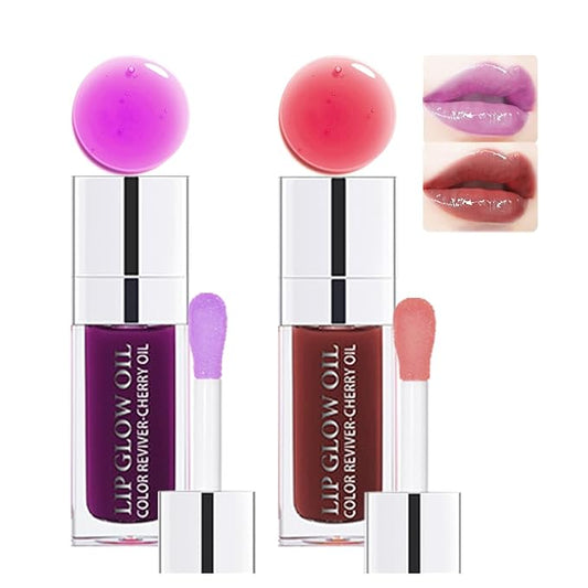 2 Colors Hydrating Plumping Lip Glow Oil,Moisturizing Lip Oil Gloss Transparent Glossy Lip Gloss Primer Lip Tint for Lip Care and Dry Lip (E176) (006#+020#)