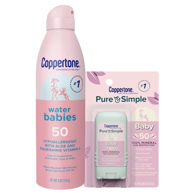 Coppertone WaterBabies Baby Sunscreen Spray SPF 50 (6 Oz) + Pure and Simple Baby Sunscreen Stick SPF 50, Tear Free (0.49 Oz), Hypoallergenic