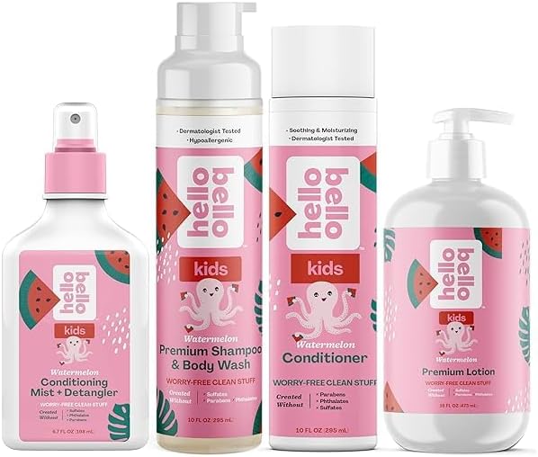 Hello Bello Watermelon Shampoo and Body Wash, 10 FL Oz and Conditioning Mist and Detangler, Hypoallergenic and Non-Greasy Leave-in Conditioning Spray, Vegan and Cruelty-Free, 6.7oz