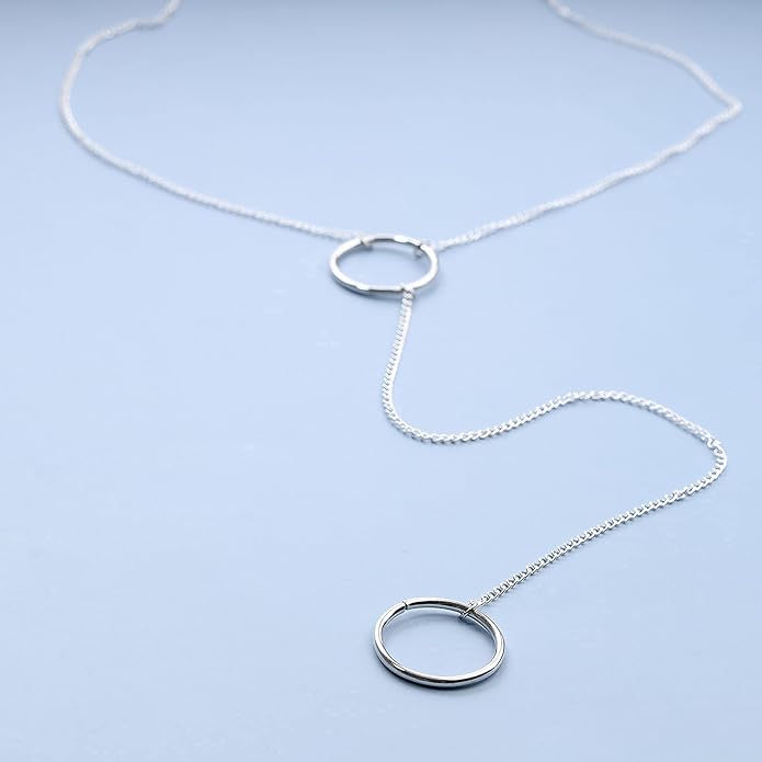 Boho Long Circle Pendant Necklace Silver Y Lariat Necklace Minimalist Y Drop Chain Necklace Jewelry for Women