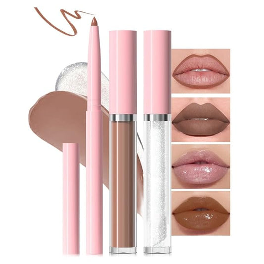 3-in-1Natural Nude Matte Lip Stain Kit | Waterproof Lip Liner + Hydrating Matte Lip Gloss + Nourishing Lip Oil | Long Lasting Plumping to Create Perfect Lip Makeup.04#