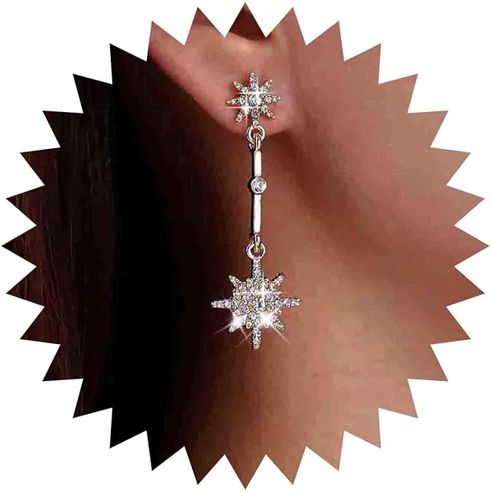 Vintage Crystal Starburst Drop Earrings Long Rhinestone Northstar Earrings Gold Cz Star Dangle Earrings Cz North Star Stud Earrings Jewelry for Women