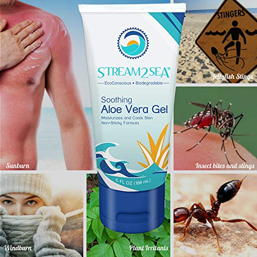 STREAM 2 SEA Soothing Aloe Vera Gel, Reef Safe Paraben Free All Natural Underwater Sting and Sunburn Relief, After Sun Care for Face and Body Easy to Absorb Hydration Moisturizing Formula, 6 Fl oz