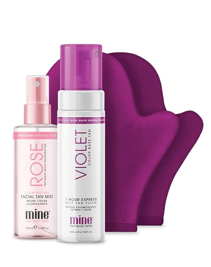 MineTan Best Sellers Self Tanner Bundle | Includes Cult Faves - Violet Self Tan Foam, Rose Mist Face Tanner, Self Tanner Mitt Applicator + Exfoliating Mitt for Self Tan Removal & Prep; No orange tones