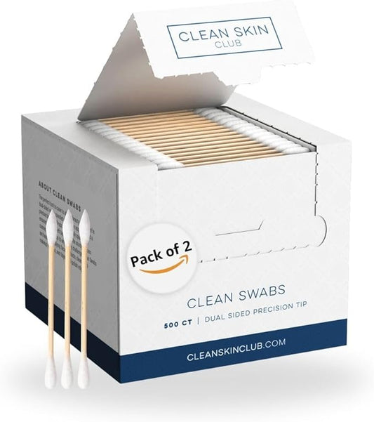 Clean Skin Club Clean Swabs, 2 Pack, 1000 Total Count, One Pointed Tip, Biodegradable + Organic Cotton & Bamboo, Makeup & Nail Polish EyelinerTouch-ups, Ear Cleaning QTips, Sterile, Hypoallergenic