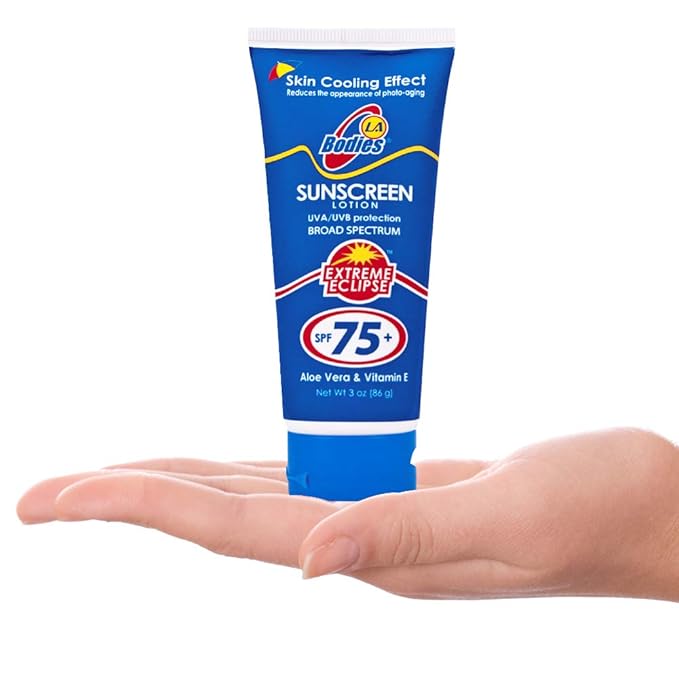 Sunscreen Moisturizing Face & Body Lotion (SPF 75) w/Aloe Vera for Cooling Sensation | LA BODIES | For Acne Prone Skin | Quick Absorption | UVA UVB Protection Sunblock | 3oz | 3 Pack