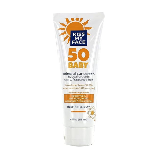Kiss My Face Baby Sunscreen Lotion SPF 50 - Water-Resistant Sunscreen Mineral Lotion - Reef-Friendly & Cruelty-Free - Hypoallergenic, Tear-Free And Fragrance-Free With Shea Butter - 4 fl oz Tube