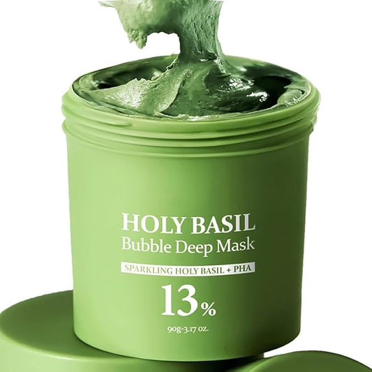 Holy Basil Bubble Deep Mask – Holy Basil & Carbonated Water for Cleansing Pores & Blackheads, Korean Clay to Bubble Wash-Off Pack (90g / 3.17 oz) (1pack)