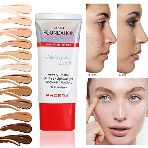 AQUAPURITY PHOERA Full Coverage Foundation New Formula Waterproof Long Lasting Oil Free Velvet Matte Liquid Foundation for Oily Skin Flawless Makeup Base Cream Concealer (104A Natural Beige)