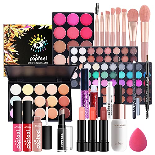 Professional All in One Makeup Kits for Women, Cosmetic Essential Starter Bundle, Eye Shadow, Blush, Liquid Lipgloss, Foundation Brush, Makeup Set with Makeup Bag, Christmas Valentines Gift Box