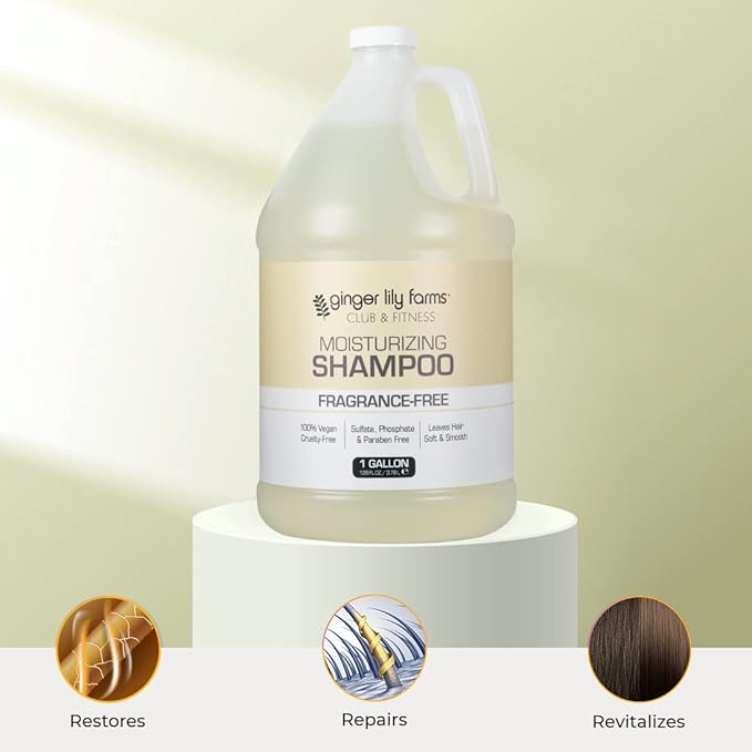 Ginger Lily Farms Club & Fitness Moisturizing Shampoo for All Hair Types, 100% Vegan & Cruelty-Free, Fragrance Free, 1 Gallon (128 fl oz) Refill