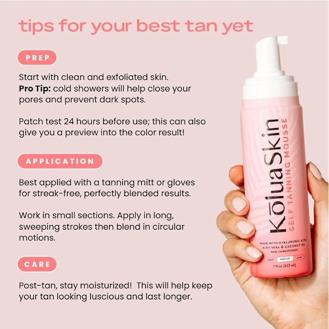 KoluaSkin by Koluawax Self Tanner Mousse, Medium - Natural-Looking Sunless Body Fake Tan - Dries Quickly w/No Streaks, Hydrates Skin - Light Tropical Scent, Dermatologist-tested for Sensitive Skin, 7oz