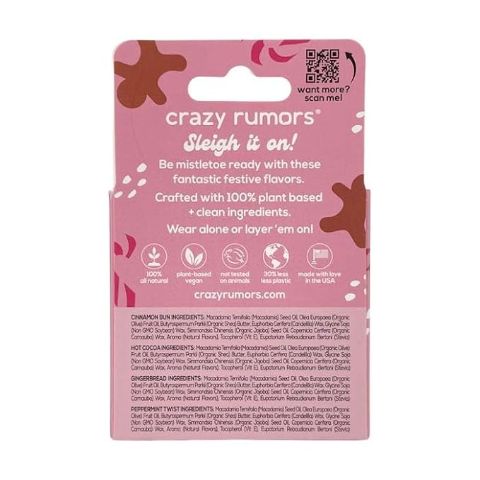 Crazy Rumors Festive Mix - Gingerbread, Hot Cocoa, Cinnamon Bun + Peppermint Twist - 4 Pack Lip Balm