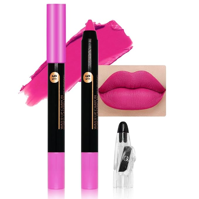 Dazzling Pink Crayon Matte Lipstick Lip Liner Pencil, Moisture Smooth Lipstick Pencil,With pencil sharpener Sharpenable Lip Pencil, Ultimate Lip Crayon for Women Smudgeproof Waterproof 16#