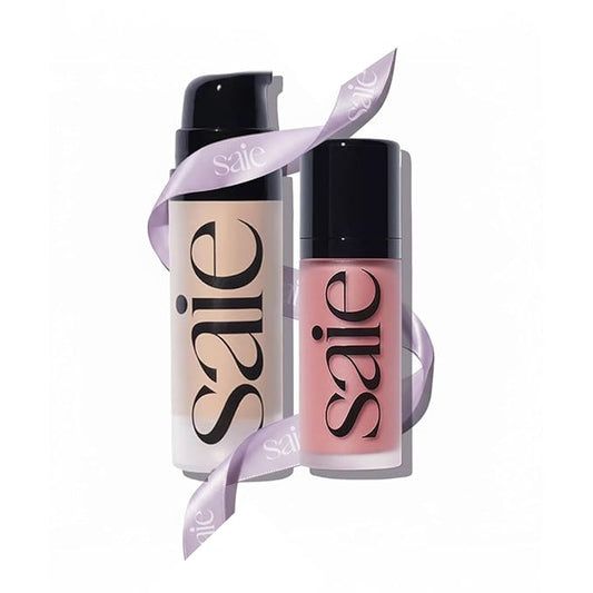 Saie Dewy Glow Duo - Dew Liquid Blush Lady (.40 oz), Mini Glowy Super Gel Warmglow (.5 oz) - Radiant Cheek Tint & Illuminating Primer for a Natural, Lit-From-Within Finish