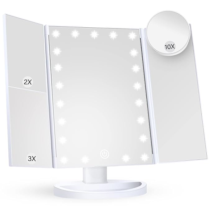 HUONUL Makeup Mirror Vanity Mirror with Lights, 2X, 3X, 10X Magnification, Touch Control, Trifold, White, 9.4" L x 13.4" W, Modern Style, Dresser Mount, Bathroom