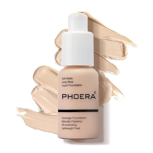 PHOERA Foundation Makeup Naturally Liquid Foundation Full Coverage Mattle Oil-Control Concealer 8 Colors Optional,Great Choice For Gift(#101 Porcelain,30ml)