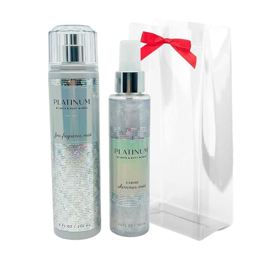 Bath & Body Works PLATINUM Fine Fragrance Mist 8 fl oz and Shimmer Mist 4.9 fl oz 2-piece Gift Set with a Red Bow for Holidays