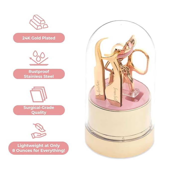 4-in-1 False Eyelash Tool Kit - DIY Lash Extension Kit with Tweezer, Curler, Scissors, Applicator - 24K Gold Plated Stainless Steel Accessories in Clear Dome Organizer, Beautiful Gift Box